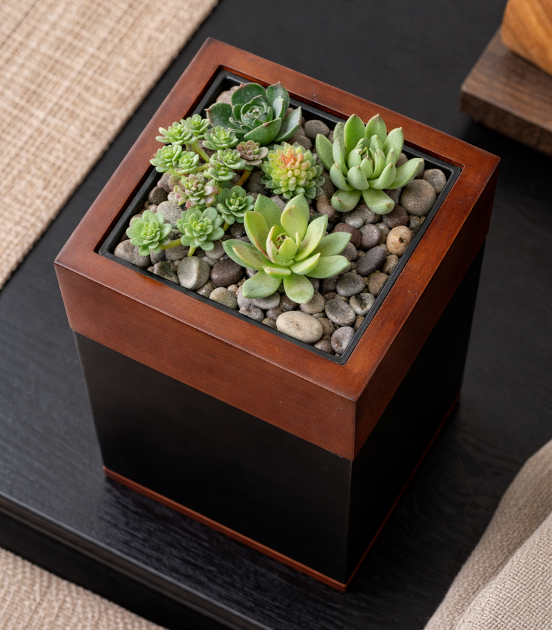 Wooden urn with planter with succulents on a dark surface