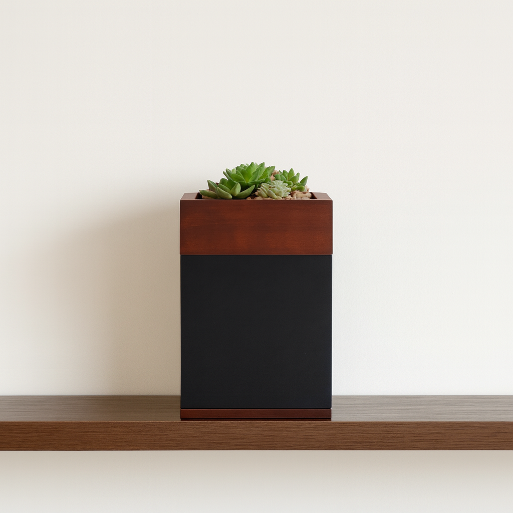 Rectangular urn planter with succulents on a wooden shelf against a plain background